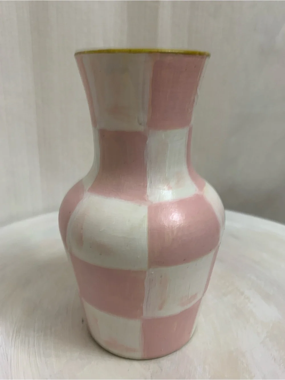 Ceramic Bud Vase Hand Painted Pink and White Rosy Check Design
